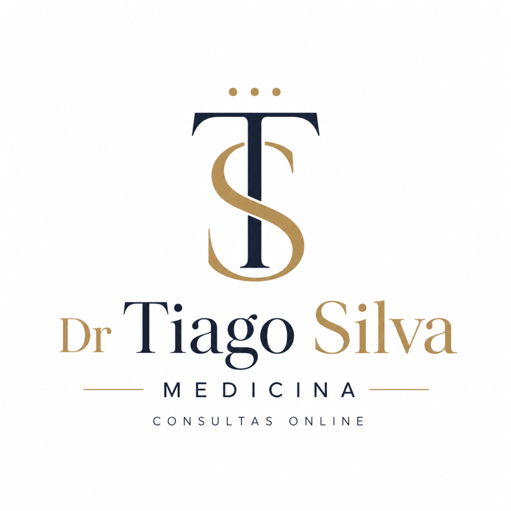 Logotipo do Dr. Tiago Silva, criando um design elegante com as iniciais 'TS' em cores escuras e douradas, acompanhadas do texto 'Medicina - Consultas Online'.