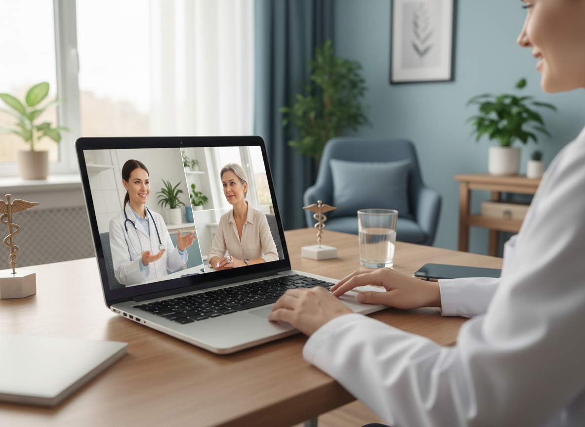 Consulta médica online num ambiente clínico moderno e acolhedor
